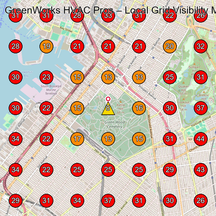 GreenWorks HVAC Pros GeoGrid visibility map for Foundry in Brooklyn